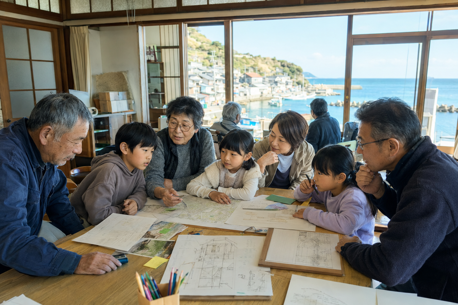 海辺の町で学び場の計画を話し合う家族と地域の人々