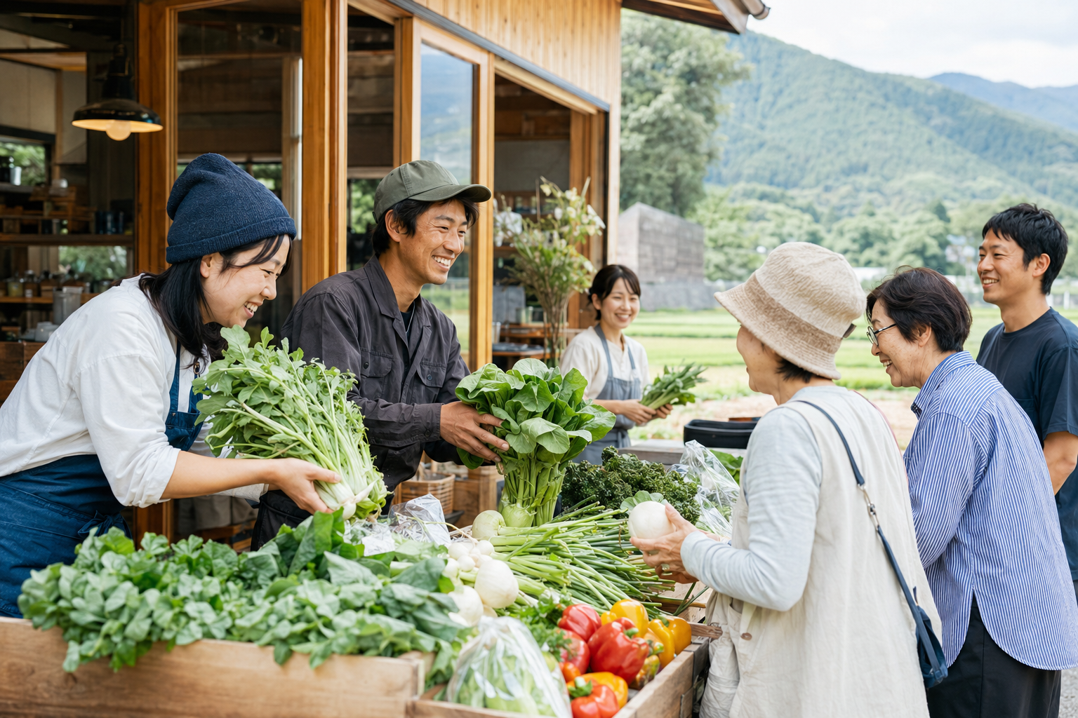 地域の農産物を囲む生産者と住民
